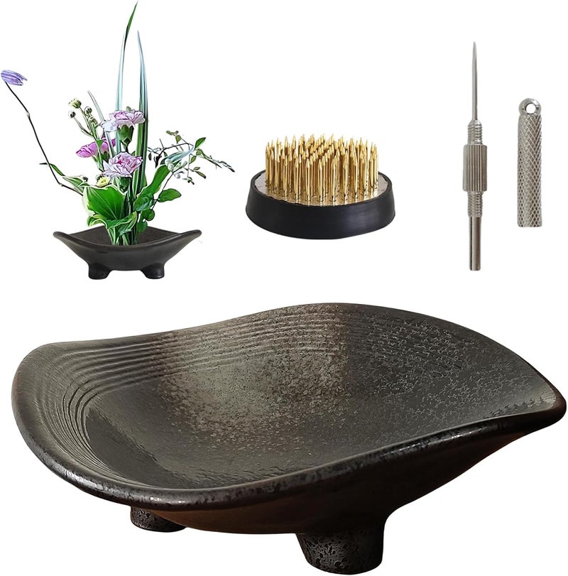 WEOPYCJ Store Japanese Flower Vase Bowl Ikebana, Black Shallow Arrangement Container with 1.69 in Floral Frog Floristry Kenzan and Needle Straightening Tool - Image 1